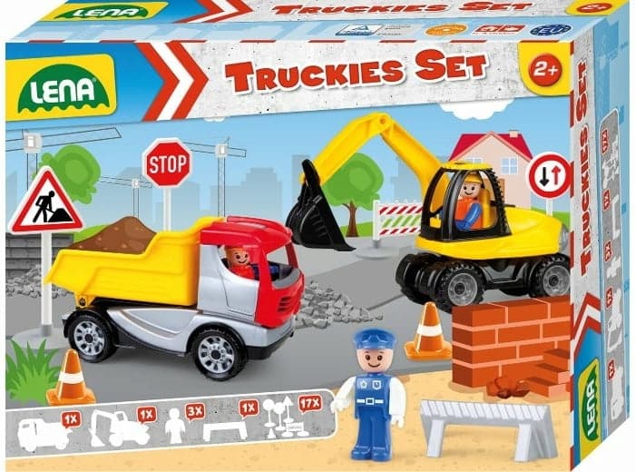Lena truckies set graafmachine met kiepwagen 3 speelfiguurtjes en verkeersborden