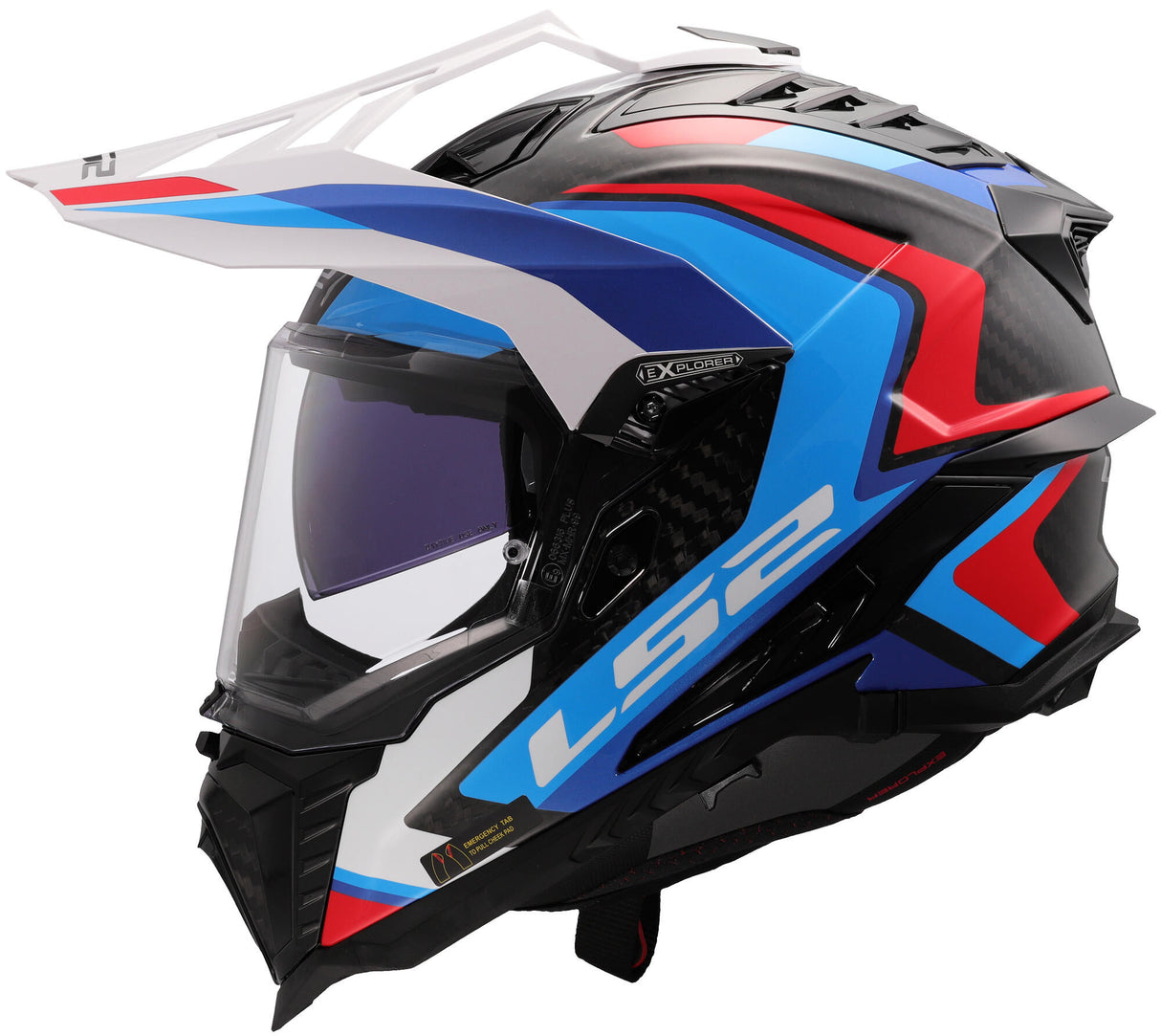 Ls2 endurohelm mx701 explorer carbon frontier ii , inwendig zonnevizier, uitneembaar, wasbaar, hypoallergeen en ademend, verstevigde kinriem, rescue wangkussentjes, dubbele d-voering helmet mx701 expl. car.fr.ii s wh blue bl