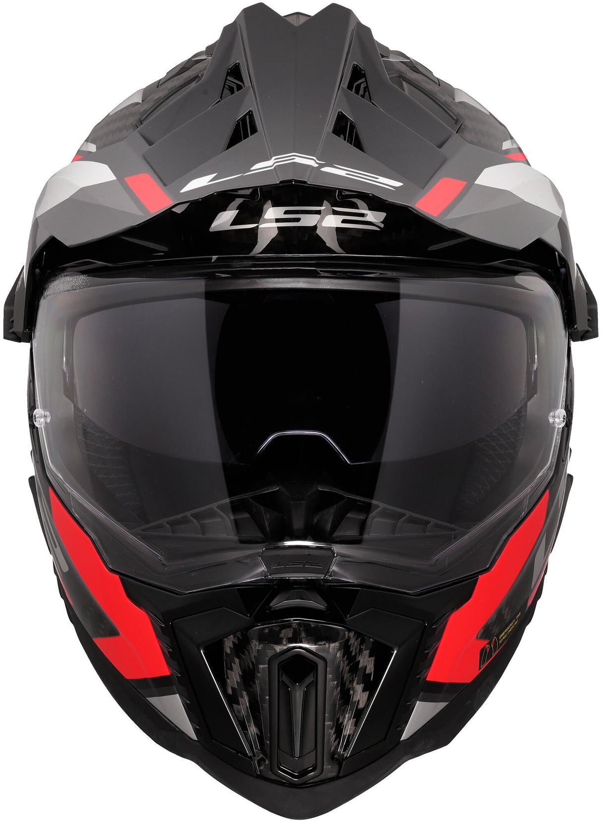 Ls2 endurohelm mx701 explorer carbon frontier ii , inwendig zonnevizier, uitneembaar, wasbaar, hypoallergeen en ademend, verstevigde kinriem, rescue wangkussentjes, dubbele d-voering helmet mx701 expl. car.fr.ii m red black