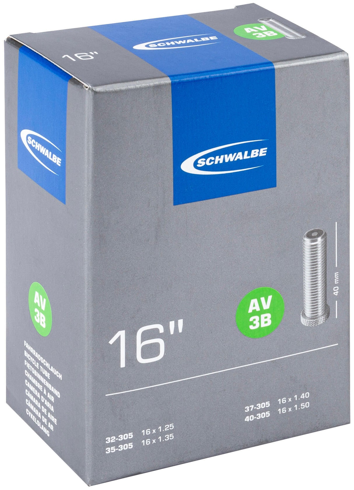 SCHWALBE tube "No. 3B", 16"28-305 16 x 1.10 32-305 16 x 1.25 35-305 16 x 1.35 37-305 16 x 1.40 40-305 16 x 1.50 weight: 86g