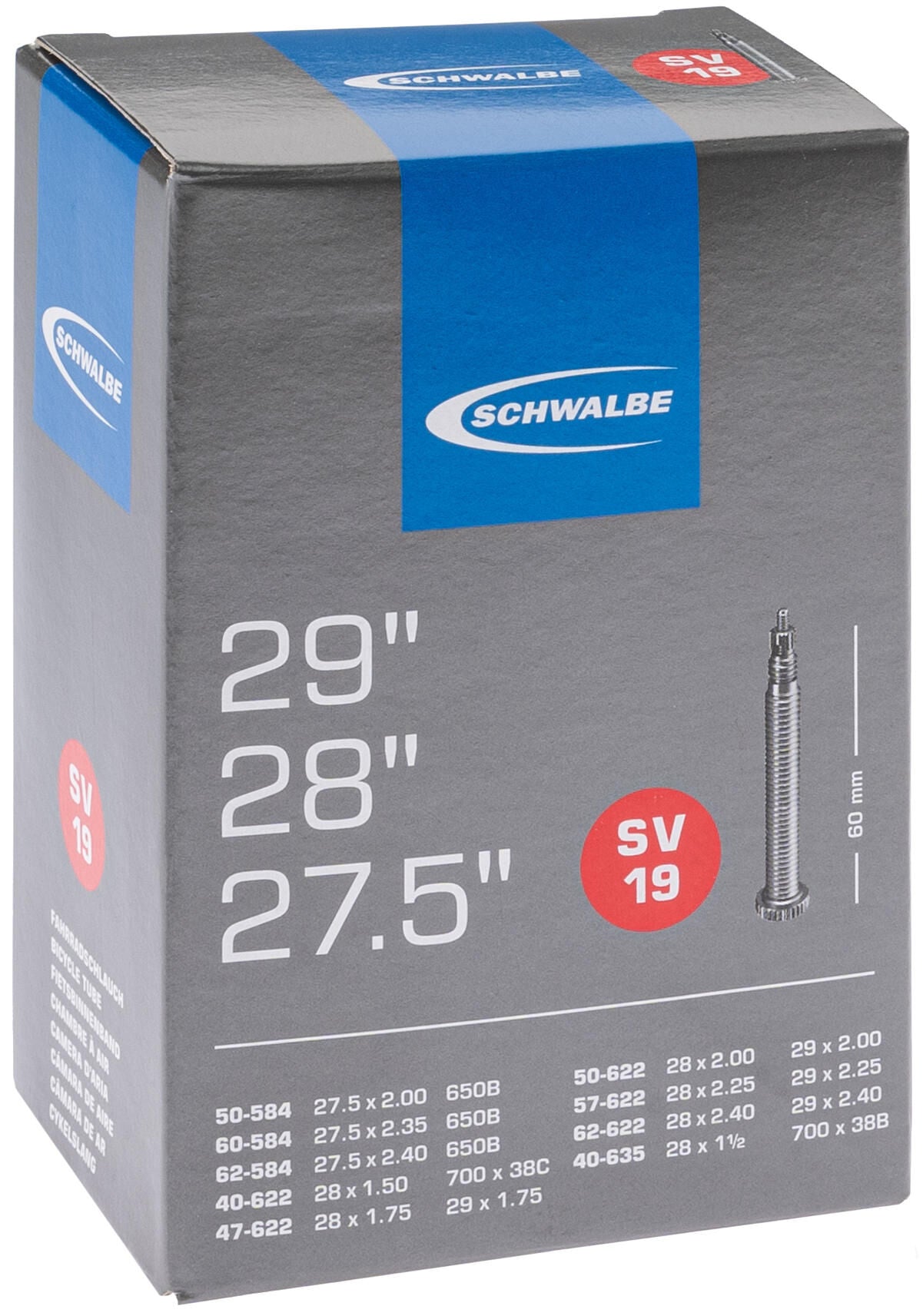SCHWALBE tube "No.19", 27,5" / 28" / 29"54-584 27,5 x 2.1057-584 27,5 x 2.2560-584 27,5 x 2.3540-622 28 x 1.5047-622 28 x 1.7550-622 28 x 2.0054-622 28 x 2.1057-622 28 x 2.2562-622 28 x 2.4040-635 28 x 1 1/2weight: 220g