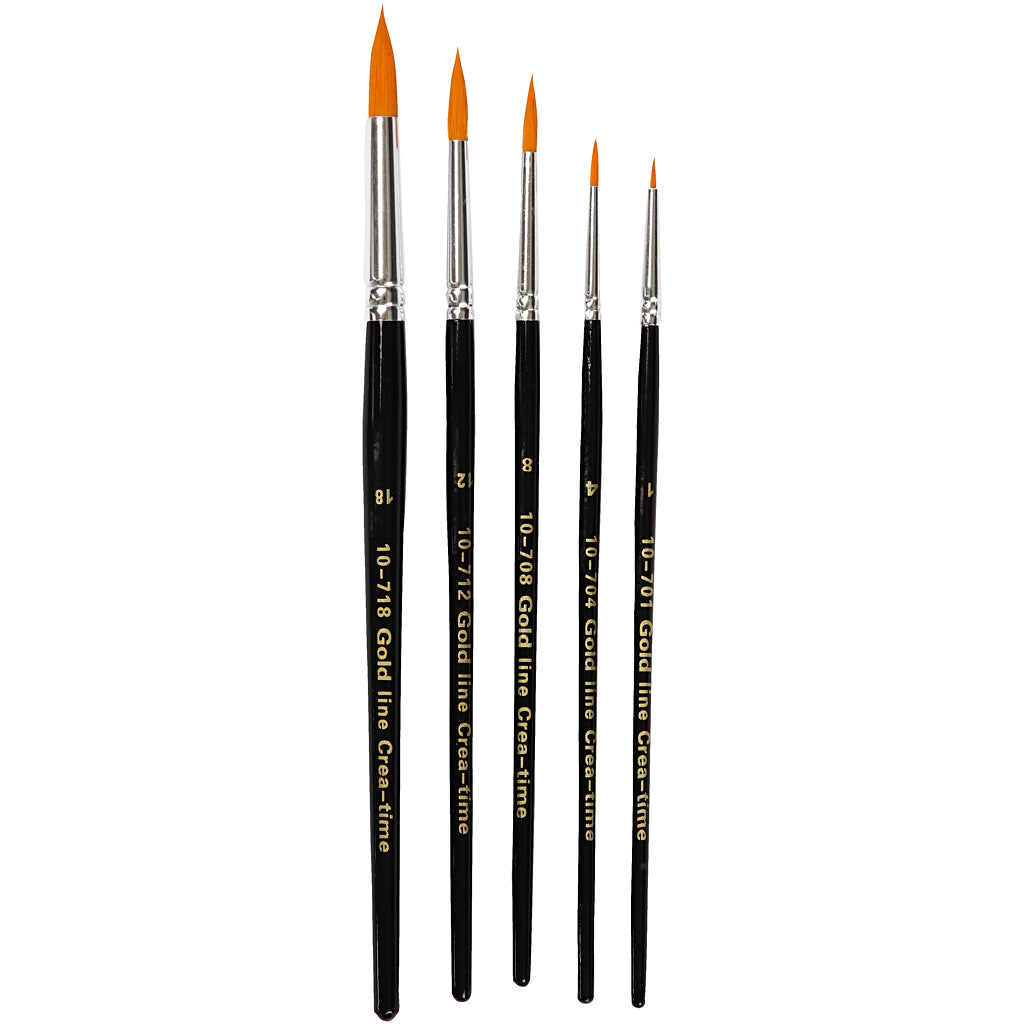 Creativ company gold line penselen, afm 1+4+8+12+18, l: 17-19 cm, b: 1-7 mm, rond, 5 stuk 1 doos