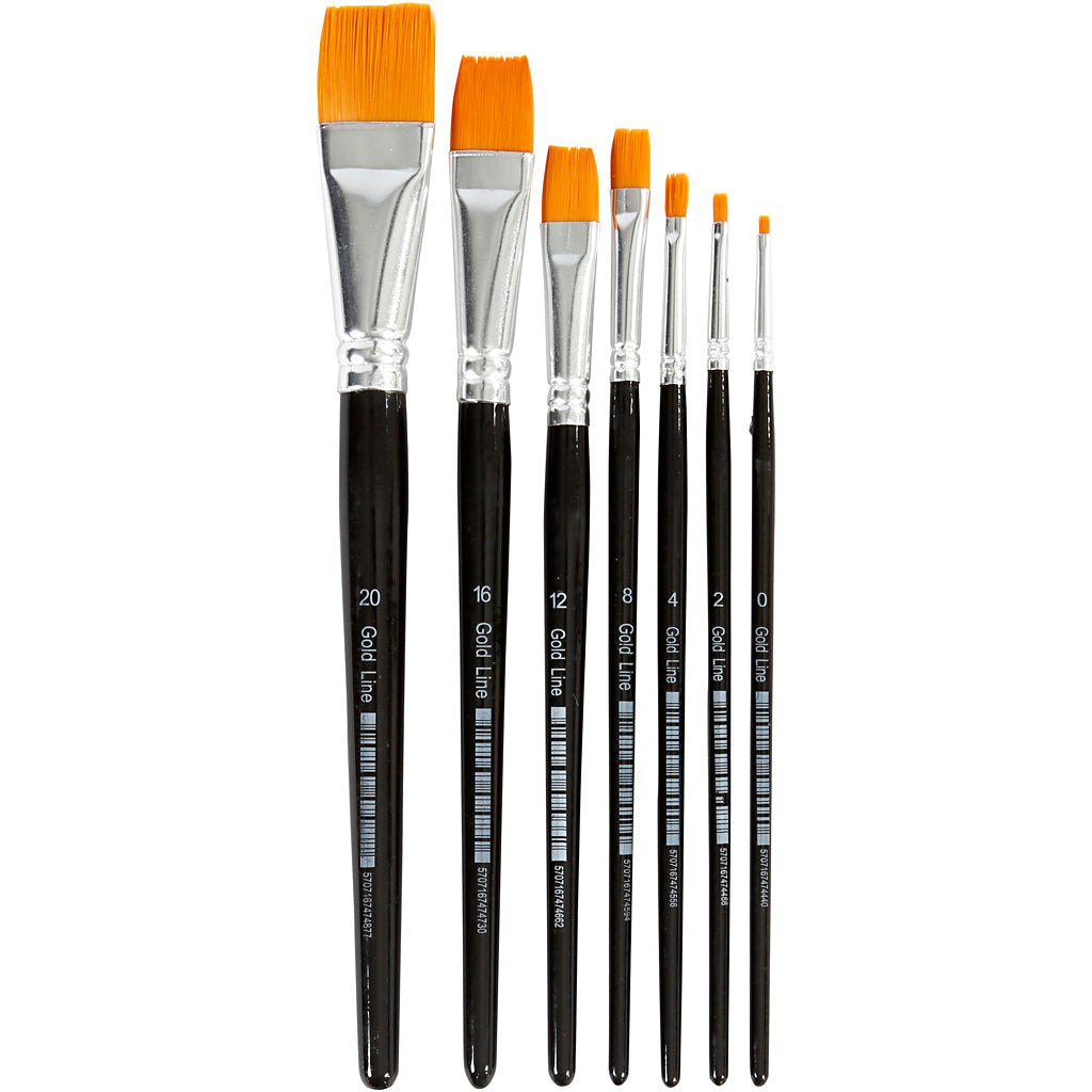 Creativ company gold line penselen, afm 0+2+4+8+12+16+20, l: 16,5-21 cm, b: 1-7 mm, plat, 7 stuk 1 doos