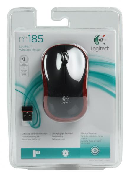 Logitech m185 wireless optical mouse red [rf 2.4ghz, 1000 dpi, 3-button, aa, 10m]
