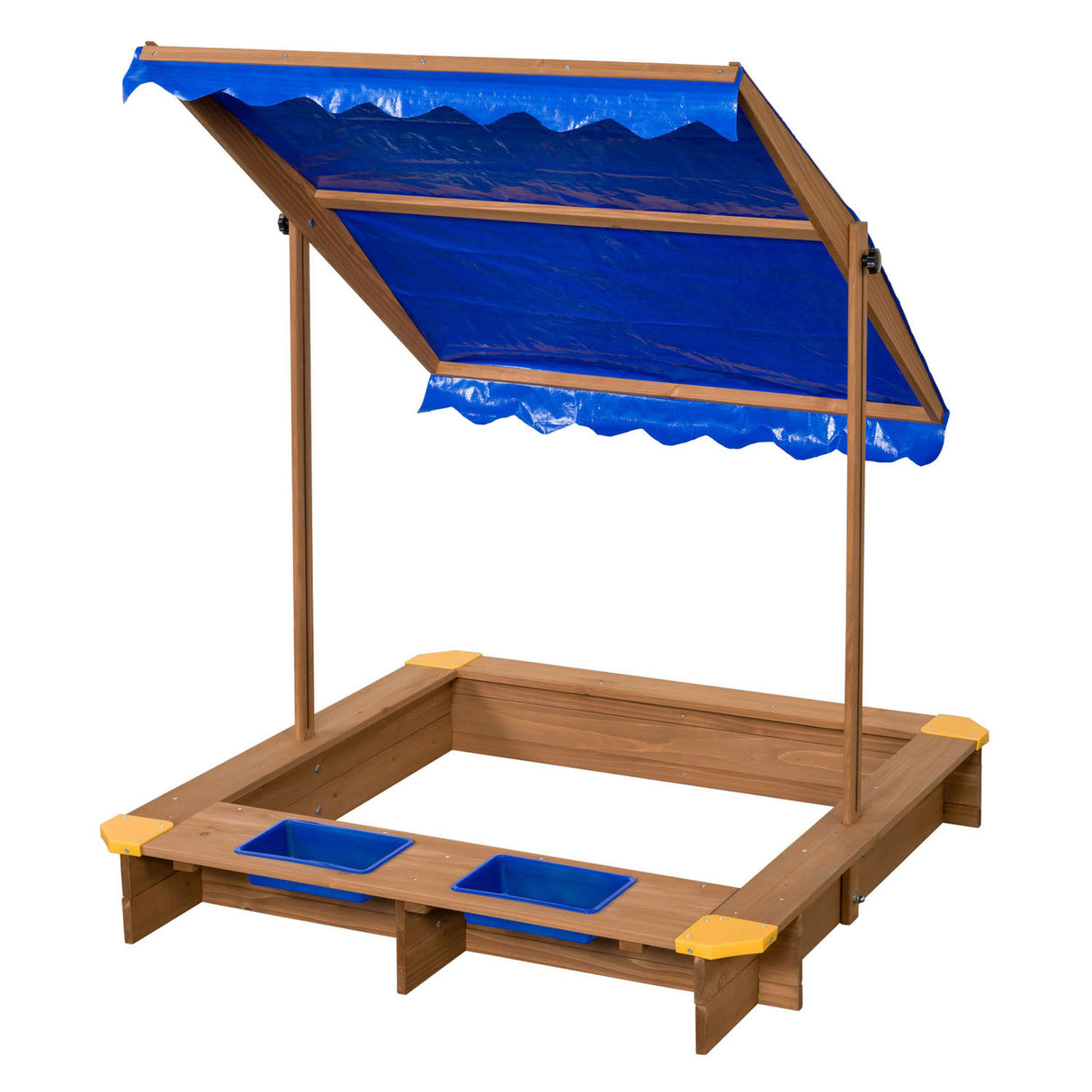 Swingking houten zandbak met waterbakken en afdekzeil