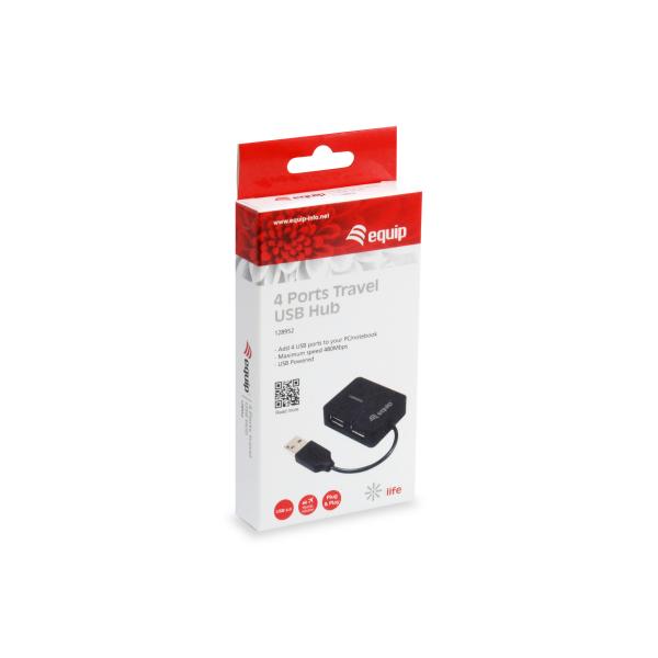 Equip 128952, 4-port travel usb hub, usb 2.0, 480 mbit s, plastic, black