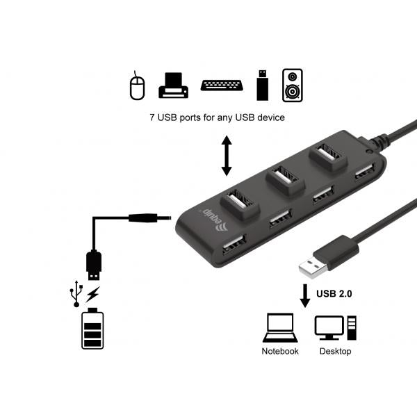 Equip 128957 7-port usb 2.0 hub, usb 2.0, usb 2.0, 480 mbit s, black