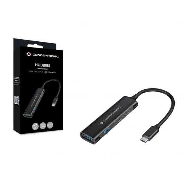 Conceptronic hubbies12b hubbies 4-port usb 3.0 hub, 2 usb-c 2 usb-a ports, aluminum case, usb-c