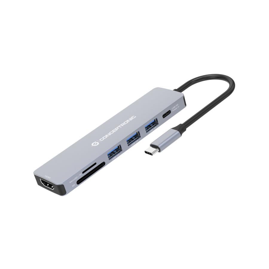 Conceptronic donn19g 7-in-1 usb 3.2 gen 1 docking station, hdmi, usb-a 3.0 x 3, sd, tf microsd, 100w