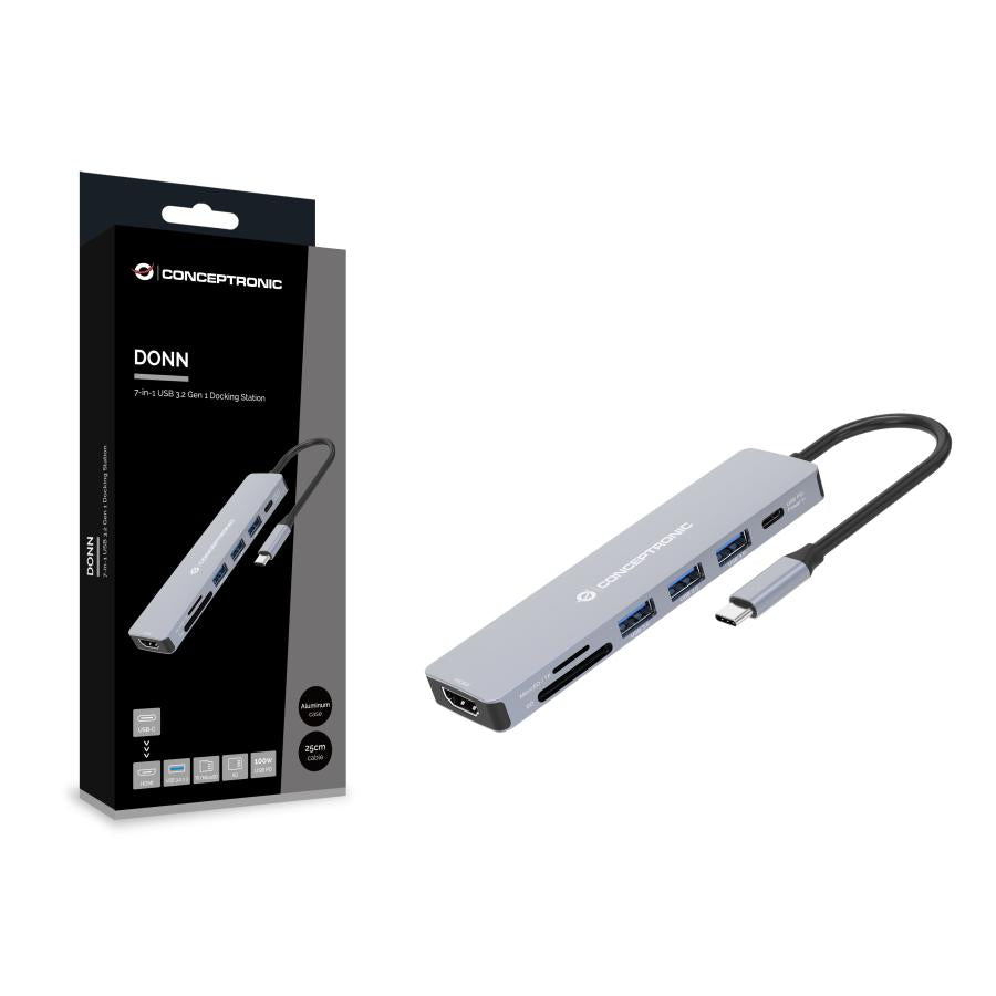Conceptronic donn19g 7-in-1 usb 3.2 gen 1 docking station, hdmi, usb-a 3.0 x 3, sd, tf microsd, 100w