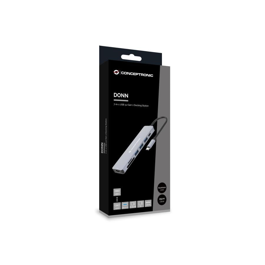 Conceptronic donn19g 7-in-1 usb 3.2 gen 1 docking station, hdmi, usb-a 3.0 x 3, sd, tf microsd, 100w