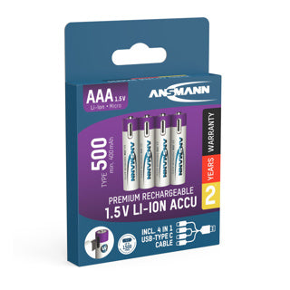 Ansmann oplaadbare aaa batterijen - li-ion - incl. usb-c oplaadkabel - 4 stuks