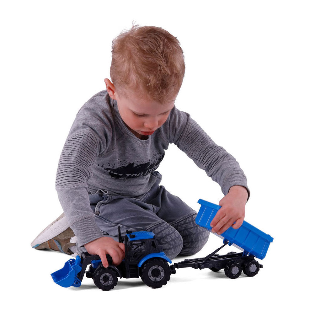 Cavallino tractor met lader en aanhang kiepwagen blauw, schaal 1:32