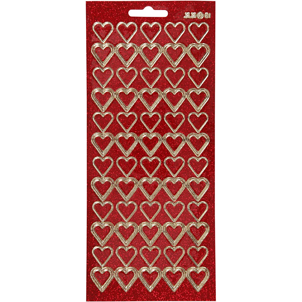 Creativ bedrijfsstickers, harten, vel 10x23 cm, goud, rood glitter, 1 vel