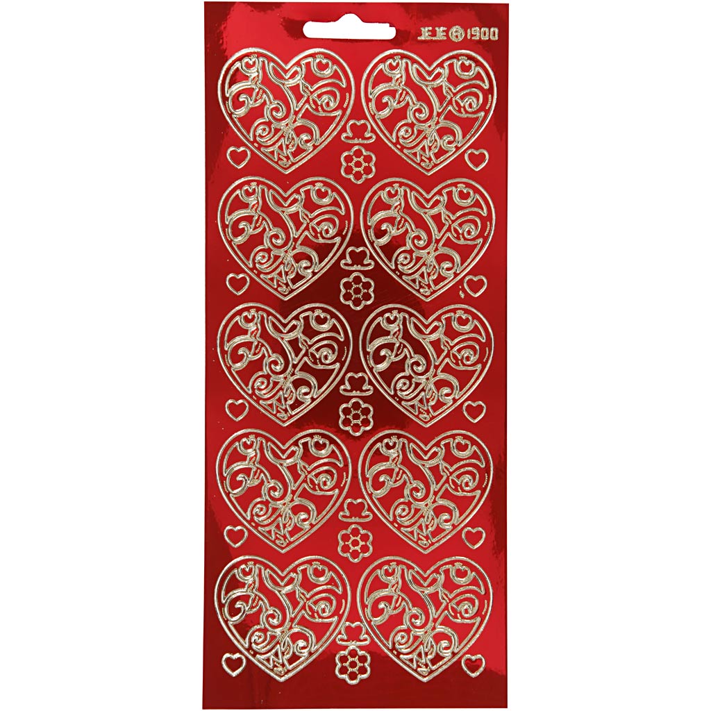 Creative bedrijfsstickers, harten, vel 10x23 cm, goud, transparant rood, 1 vel
