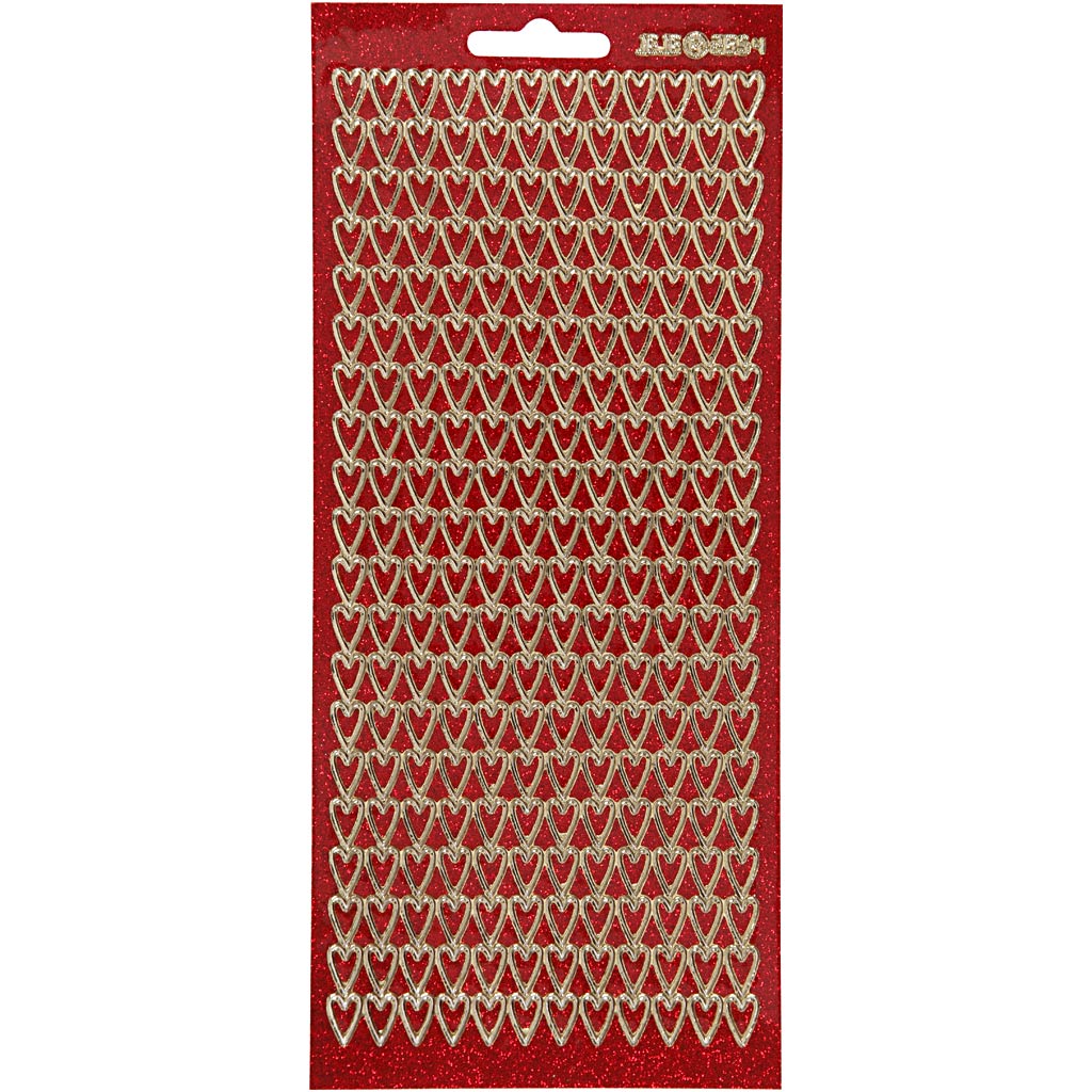 Creativ bedrijfsstickers, harten, vel 10x23 cm, goud, rood glitter, 1 vel