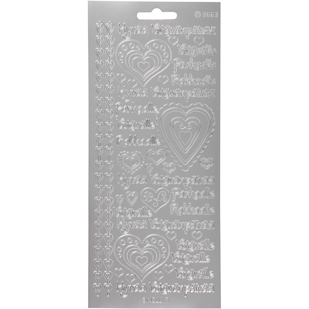 Creativ company stickers, hyvaa ystävänpäivää, vel 10x23 cm, zilver, 1 vel