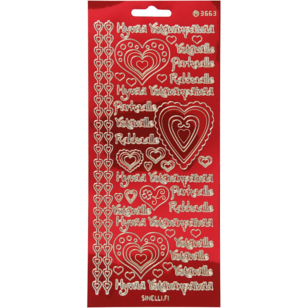 Creativ bedrijfsstickers, hyvaa ystävänpäivää, vel 10x23 cm, goud, transparant rood, 1 vel