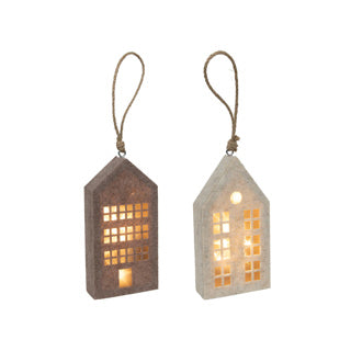 Huis hanger beige bruin vilt led 20cm 2ass