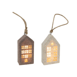 Huis hanger beige bruin vilt led 14,5cm 2ass