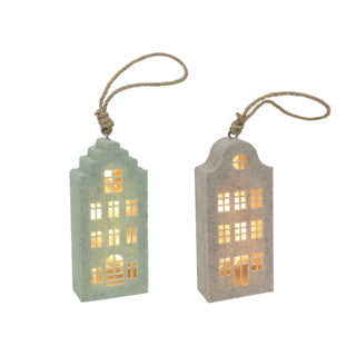 Grachtenhuis hanger beige groen vilt led 14,5cm 2 assorti