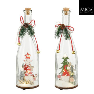 Fles kerstman rood groen 2 assorti led battery operated fsc 100% - h30xd9cm