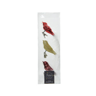 Vogel glas shiny, glitter white feather tail mixl. 3cm x w.8cm x h.3.5cm
