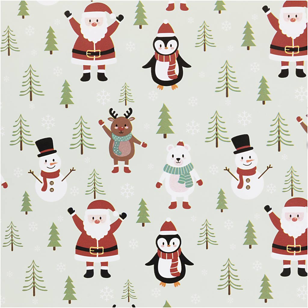 Creativ company inpakpapier, kerstman, sneeuwman, rendier, ijsbeer en pinguïn, b: 50 cm, 80 gr, ijsblauw, 5 m 1 rol