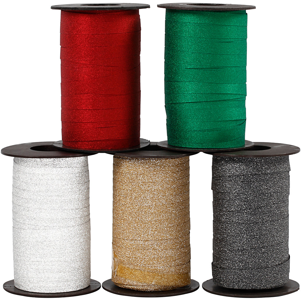 Creativ company cadeaulint, b: 10 mm, glitter, diverse kleuren, 5x100 m 1 doos