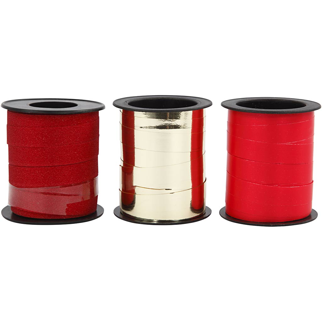 Creativ company cadeaulint, b: 10 mm, goud, rood, rood glitter, 3x15 m 1 doos