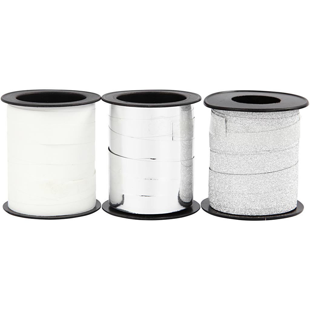 Creativ company cadeaulint, b: 10 mm, zilver, glitter zilver, wit, 3x15 m 1 doos