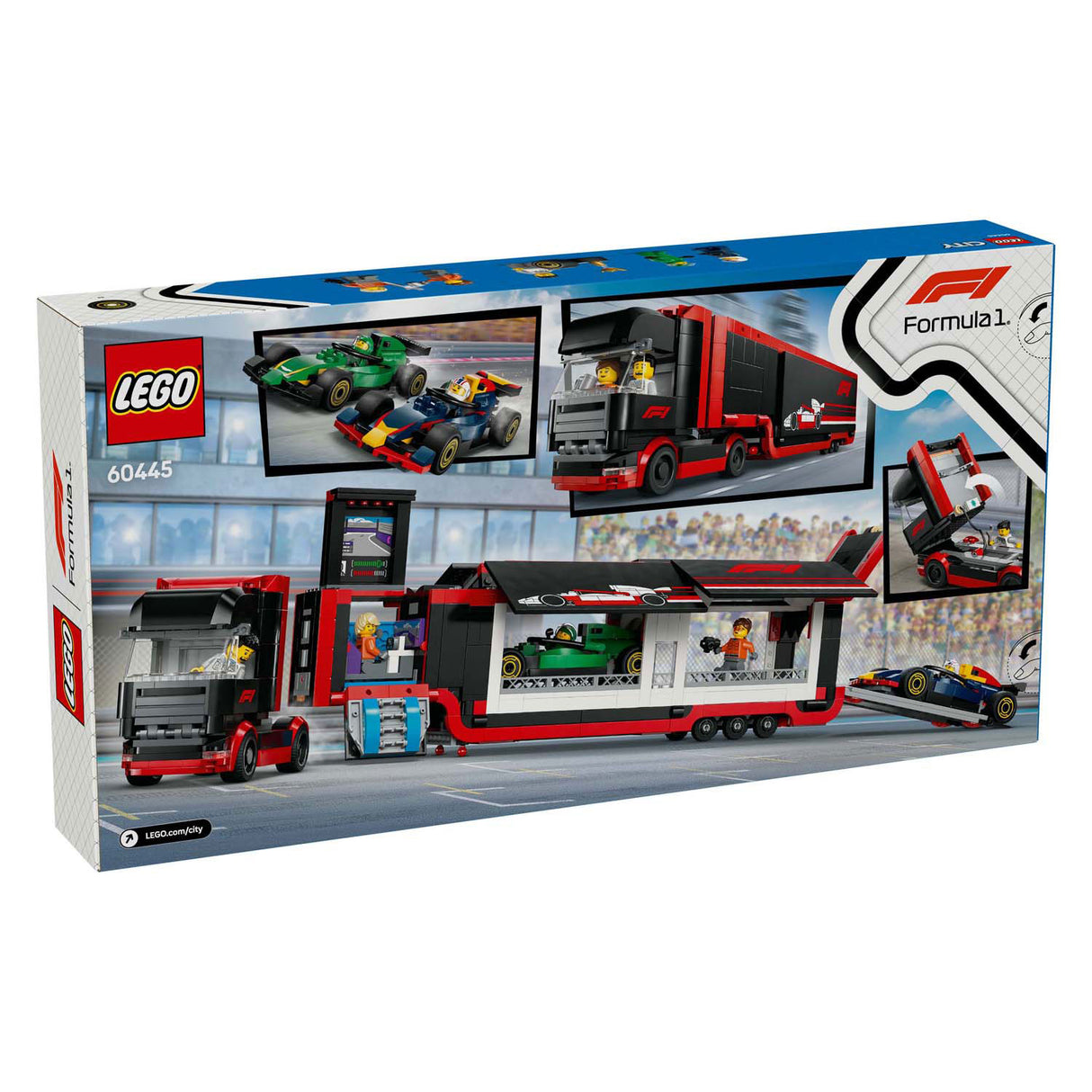 Lego city 60445 f1 truck met rb20 en amr24 f1 auto's