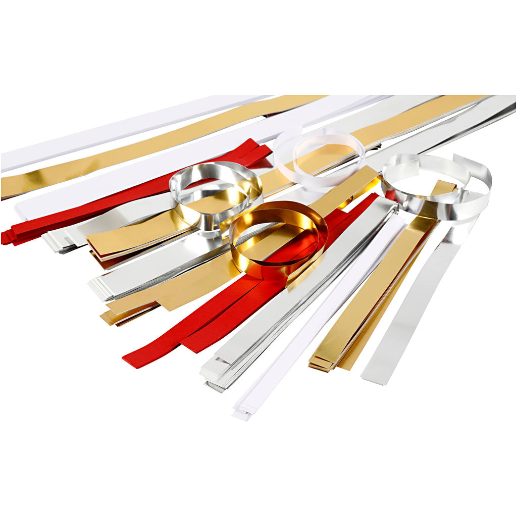 Creativ company vlechtstroken, l: 44+78 cm, d 4,5+6,5+11,5 cm, b: 10+15+25 mm, inhoud kan bestaan ​​, goud, rood, zilver, wit, 5000 stroken 1 doos