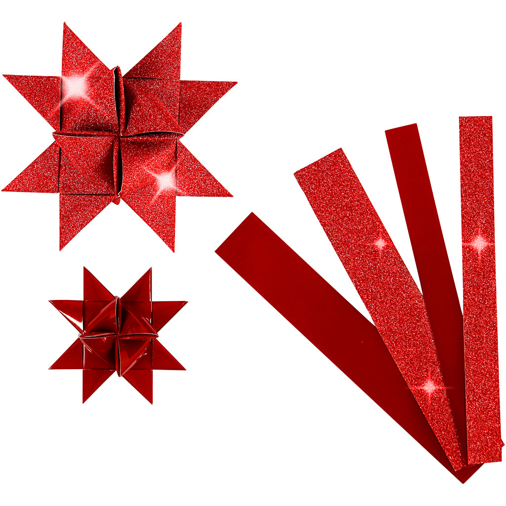 Vivi gade papieren vlechtstroken, l: 44+78 cm, b: 15+25 mm, d 6,5+11,5 cm, glitter,vernis, rood, 40 stroken 1 doos