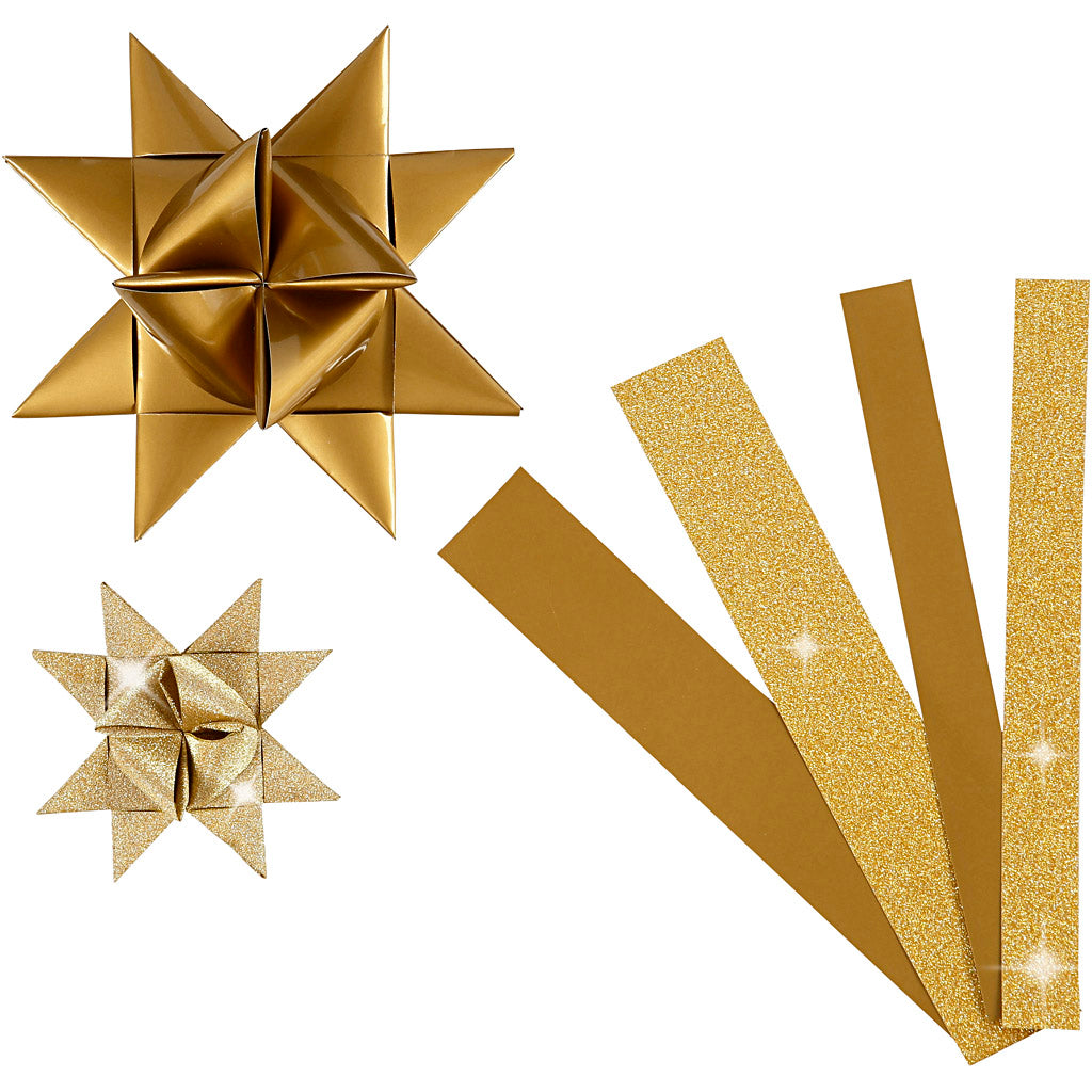 Vivi gade papieren vlechtstroken, l: 44+78 cm, b: 15+25 mm, d 6,5+11,5 cm, glitter,vernis, goud, 40 stroken 1 doos