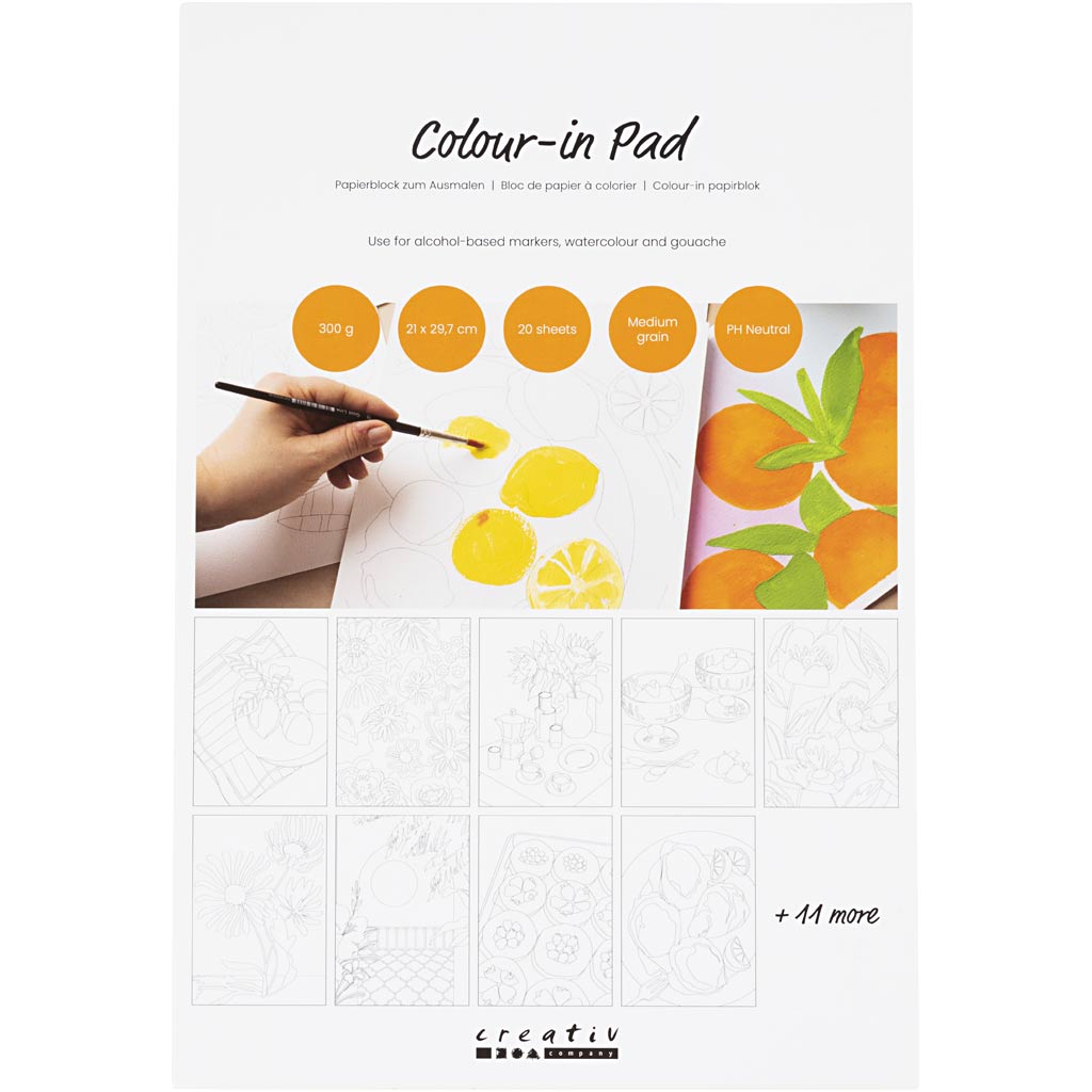 Creativ company kleurblok papier, a4, vel 210x297 mm, koudgeperst,middelgrote korrel, 300 gr, wit, 20 vel 1 stuk