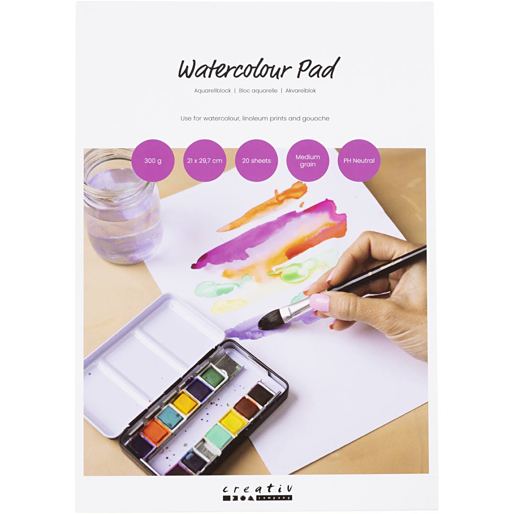 Creativ company aquarelblok, a4, vel 210x297 mm, koudgeperst,middelgrote korrel, 300 gr, wit, 20 vel 1 stuk