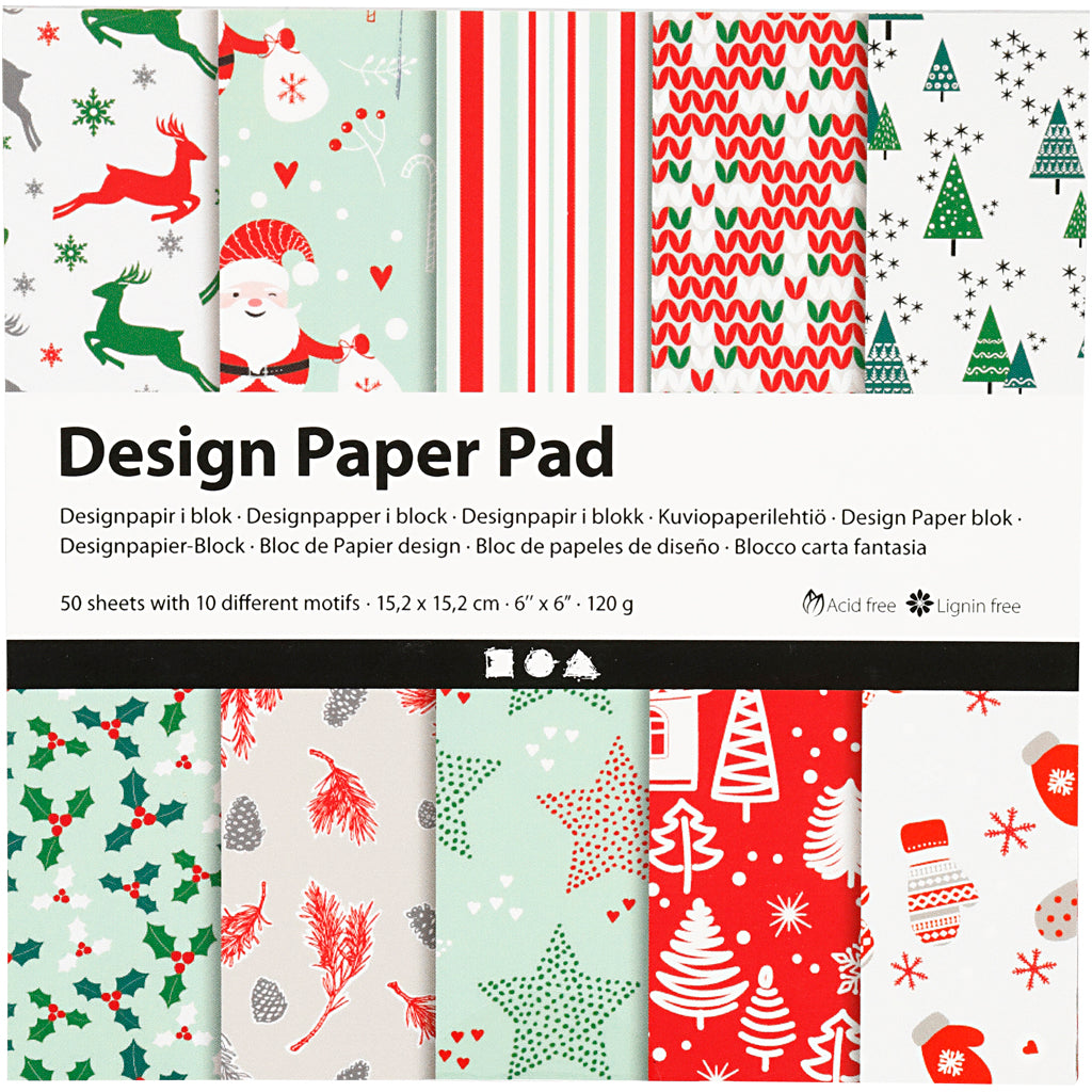 Creativ company design papierblok, vel 15,2x15,2 cm, 120 gr, groen, rood, wit, 50 vel 1 doos