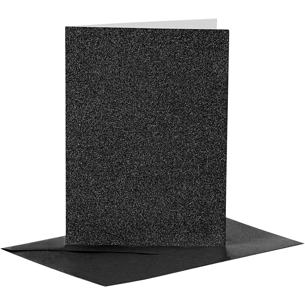 Creativ company kaarten en enveloppen, afmeting kaart 10,5x15 cm, afmeting envelop 11,5x16,5 cm, glitter, 110+250 gr, zwart, 4 set 1 doos