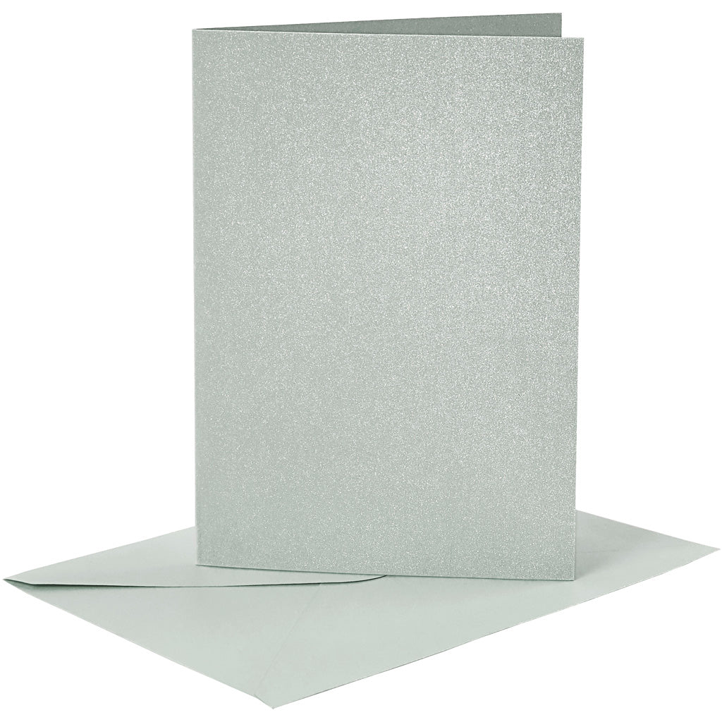 Creativ company kaarten en enveloppen, afmeting kaart 10,5x15 cm, afmeting envelop 11,5x16,5 cm, parelmoer, 120+210 gr, zilver, 4 set 1 doos