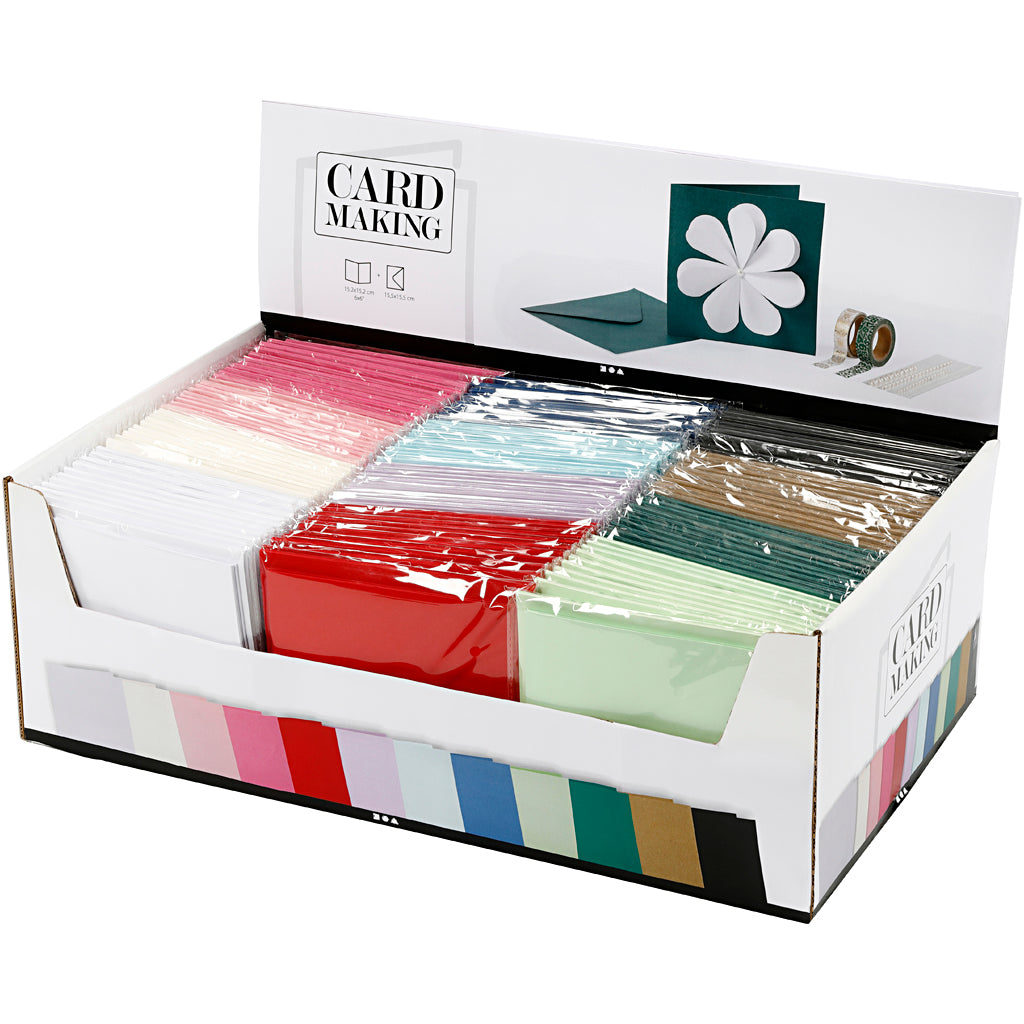 Creativ company kaarten en enveloppen, afmeting kaart 15,2x15,2 cm, afmeting envelop 16x16 cm, 230 gr, diverse kleuren, 12x10 doos 1 doos