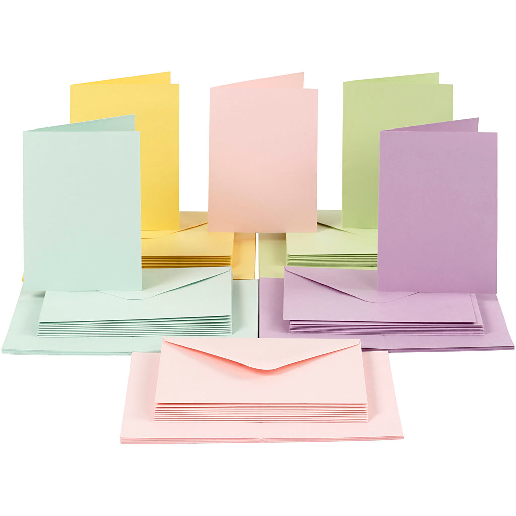 Creativ company kaarten en enveloppen, afmeting kaart 10,5x15 cm, afmeting envelop 11,5x16,5 cm, 110+220 gr, pastelkleuren, 50 set 1 doos