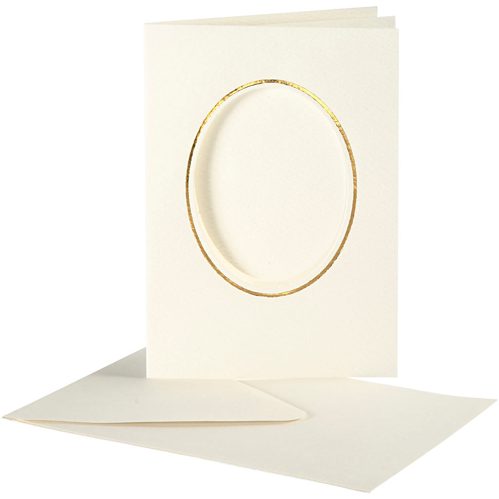 Creativ company passepartout kaarten , ovaal met gouden rand, afmeting kaart 10,5x15 cm, afmeting envelop 11,5x16,5 cm, gebroken wit, 10 set 1 doos