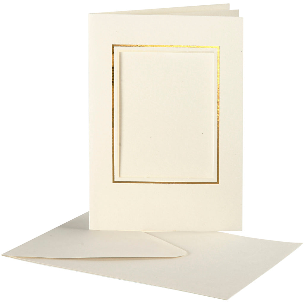 Creativ company passepartout kaarten , rechthoek met gouden rand, afmeting kaart 10,5x15 cm, afmeting envelop 11,5x16,5 cm, off-white, 10 set 1 doos