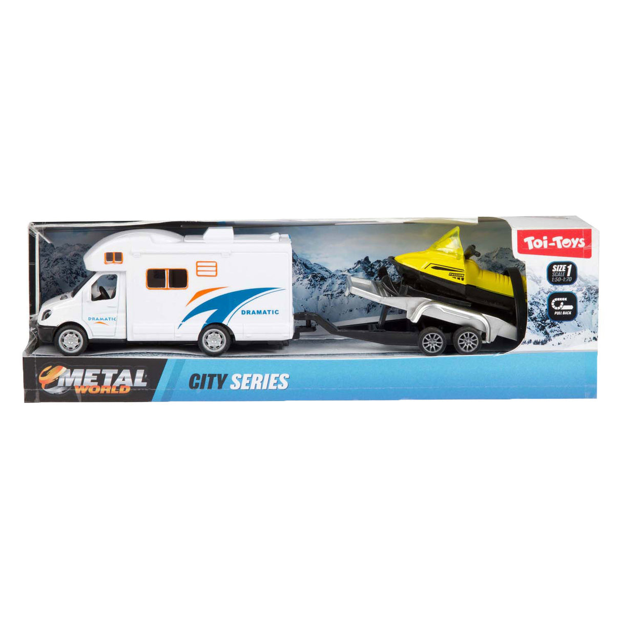 Toi-toys metalen pull back camper met aanhanger en sneeuwscooter