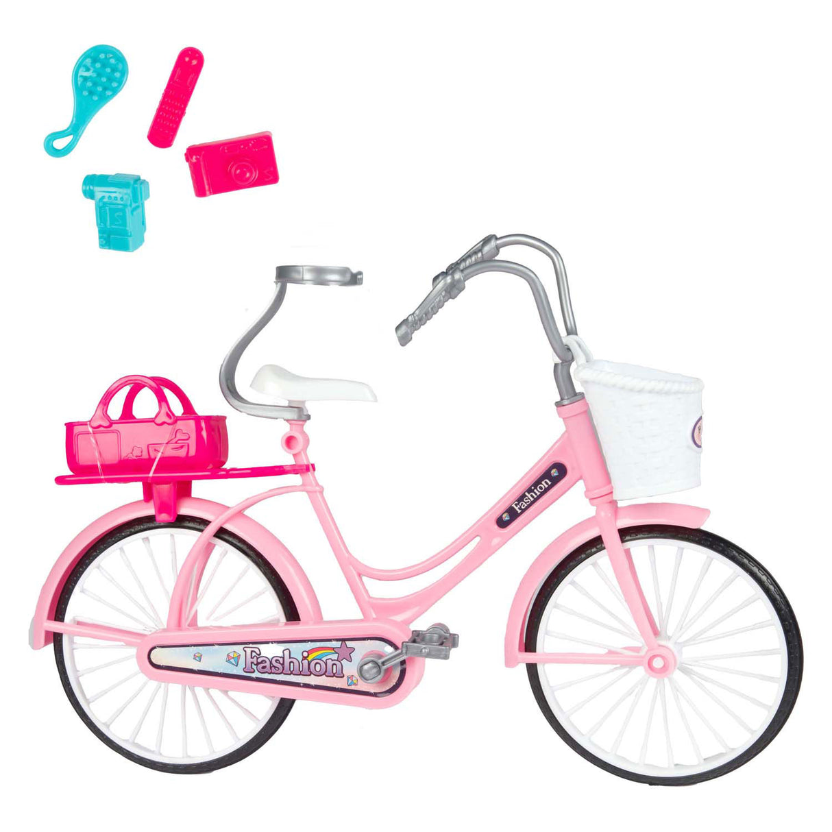 Lauren modepop op fiets met accessoires