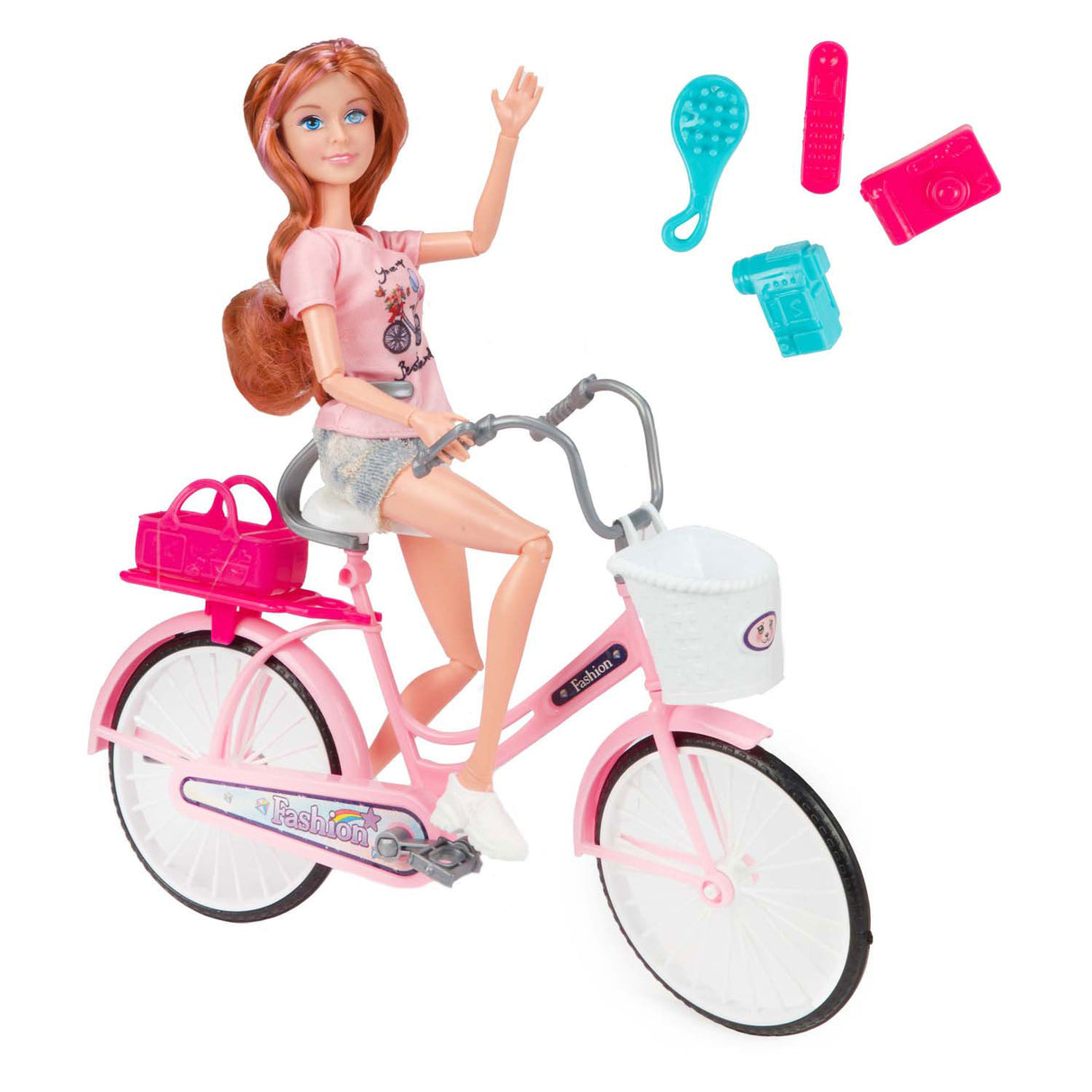 Lauren modepop op fiets met accessoires