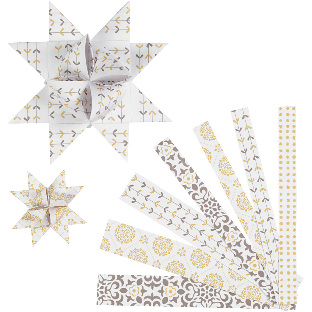 Vivi gade papieren vlechtstroken, l: 44+78 cm, d 6,5+11,5 cm, b: 15+25 mm, goud, wit, 48 stroken 1 doos