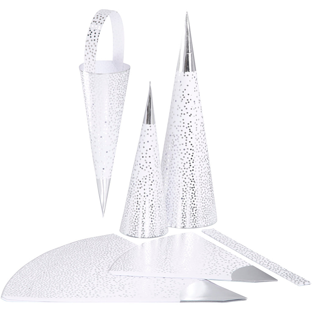 Vivi gade kegels, h: 18+28 cm, 120 gr, zilver, wit, 3 stuk 1 doos