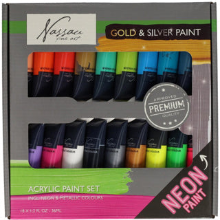 Creative craft group nassau verfset 18 kleuren 36ml neon metallic